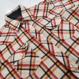 Vintage 70s DAVID HARRISON 100% Acrylic Tan Flannel Plaid Pearl Snap Mens Medium
